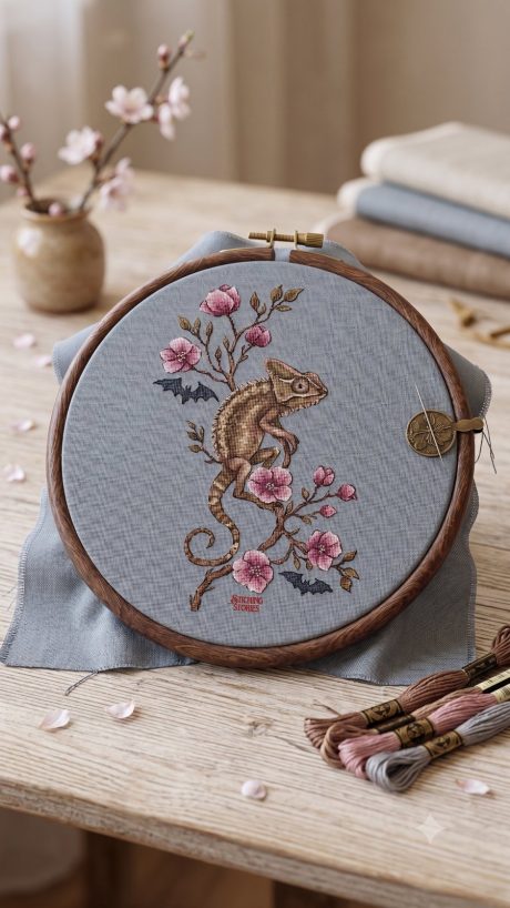 Chameleon on Magnolia — Gothic Cross Stitch Pattern (PDF)