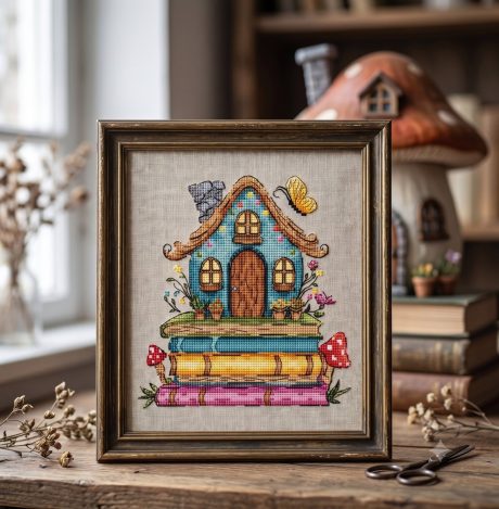 Fairy House on a Book Stack — Cross Stitch Pattern (PDF)
