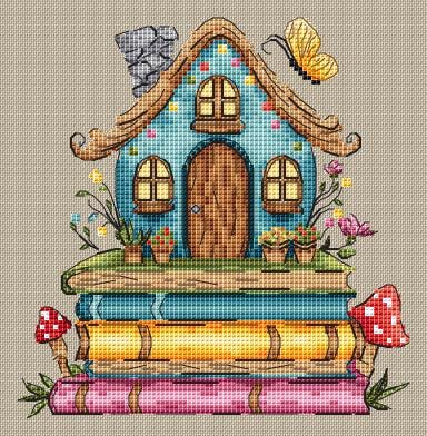 Метелик поряд зі стосом книг — фрагмент вишивки