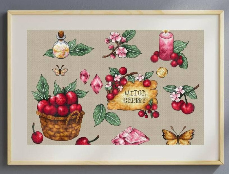Кошик стиглих вишень — фрагмент вишитого семплера